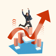 Contemporary art collage. Happy man, motivated employee jumping over arrow going up symbolizing...