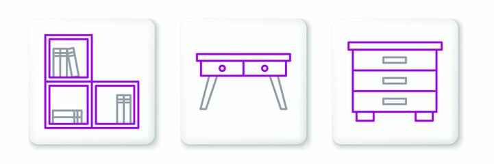Set line Furniture nightstand, Shelf with books and Office desk icon. Vector