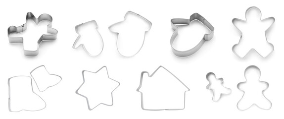 Set with cookie cutters of different shapes on white background. Banner design - Powered by Adobe