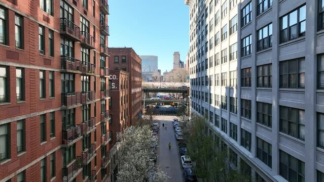 cars entering and exiting Brooklyn Bridge view from BK New York City