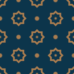 Moroccan mosque star pattern in gold and blue color. Decorative seamless background.