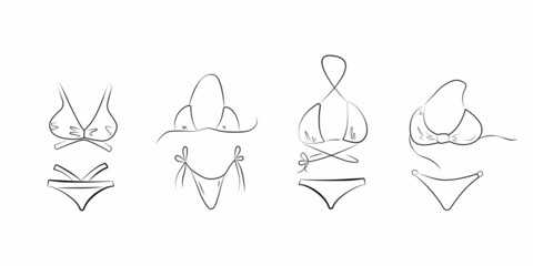 Set of hand drawn bikinis. Sketch of women's swimwear for summer vacation on the beach. Black outline isolated on white background. Vector