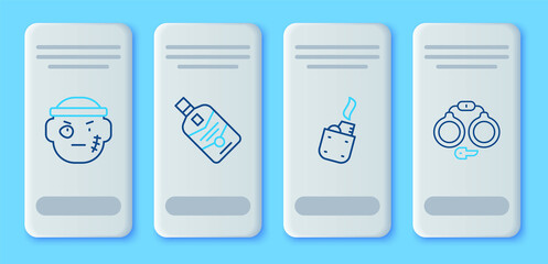 Set line Whiskey bottle, Lighter, Bandit and Handcuffs icon. Vector