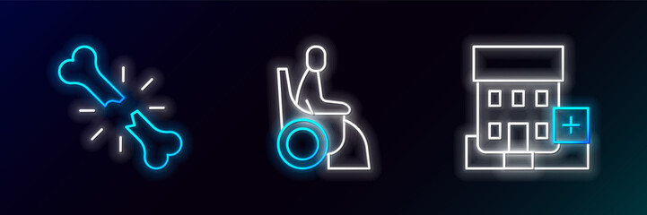 Set line Medical hospital building, Human broken bone and Woman wheelchair icon. Glowing neon. Vector