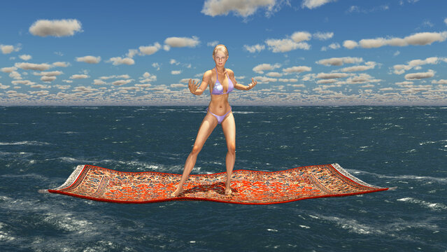 Attraktive junge Frau auf fliegendem Teppich über dem Meer