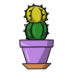 Round green-yellow prickly cactus in a purple ceramic pot, cartoon vector illustration