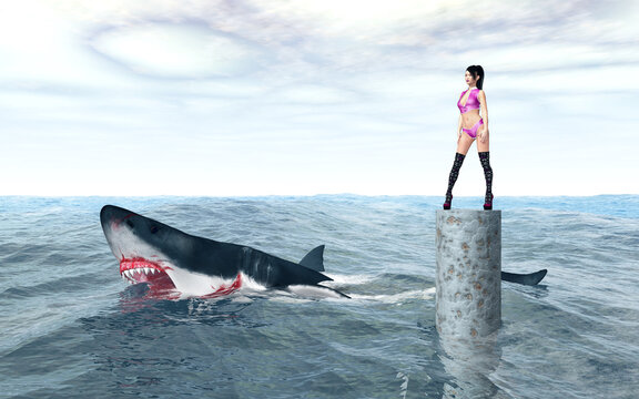 Attraktive Frau auf einer Säule im offenen Meer mit einem großen weißen Hai