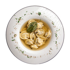 Isolated plate of cooked pelmeni russian dumplings on white background