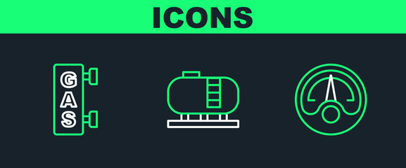 Set line Motor gas gauge, Gas filling station and Oil tank storage icon. Vector