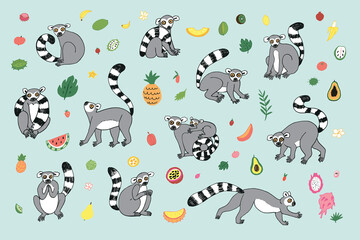 lemur funny animal with tropical fruits illustrations vector set © GooseFrol