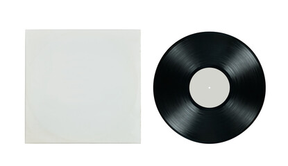 Vinyl record in white paper case. Mockup vinyl envelope. Music album sleeve. Music vintage style. Classic audio. Analog sound. Flat lay isolated on white background - 501537107