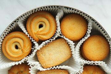 Assortment of Danish butter cookies in a tin box, taken from above