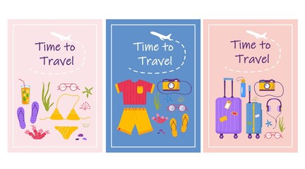 Card of travel stuff for adventure vacation, travel. Journey decorative design with tropical leaves, shells, clothes, accessories, shoes, suitcase, baggage for tourism. Flat cartoon trendy vector