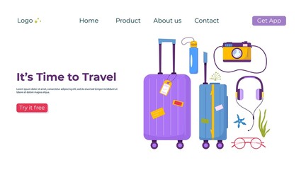 Web page for adventure vacation, travel. Journey decorative design with tropical leaves, shells, clothes, accessories, shoes, suitcase, baggage for tourism. Flat cartoon trendy vector