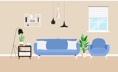 Living room scene, interior elements such as sofa, pillows, coffee table, plants, lamp, armchair, shelf. Vector illustration in flat style, minimal modern interior