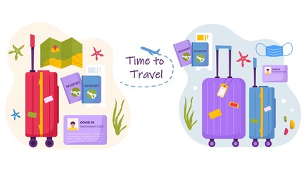 Banner of travel stuff for adventure vacation, travel. Journey decorative design with tropical leaves, shells, clothes, accessories, shoes, suitcase, baggage for tourism. Flat cartoon trendy vector