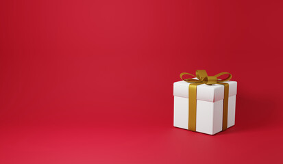 赤い背景に白い箱のプレゼントボックス。金色のリボン。