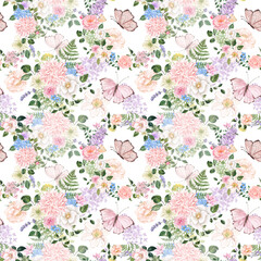 Delicate botanical seamless pattern with watercolor spring flowers, greenery, butterflies, isolated on white background. Elegant floral print, natural wallpaper.