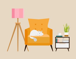 Living room scene, cat sleeping on armchair. Vector illustration in flat style, interior with lamp, coffee table and chair