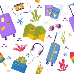 Set of travel stuff for adventure vacation, travel. Journey decorative design with tropical leaves, shells, clothes, accessories, shoes, suitcase, baggage for tourism. Flat cartoon trendy vector