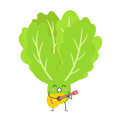Leaves lettuce cute character cartoon green salad plays the guitar sings face happy emotions vector illustration.