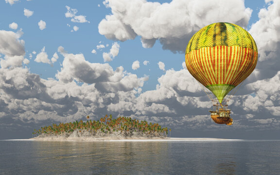 Fantasie Heißluftballon über dem Meer mit einer Insel