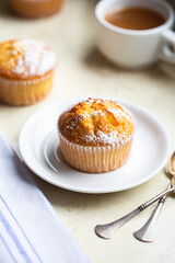 Sweet muffins with powdered sugar and blossoms. Homemade bakery. Muffins in white capsules decorated with fruit tree flowers.