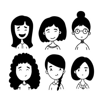 Women's faces drawn with a line in doodle style