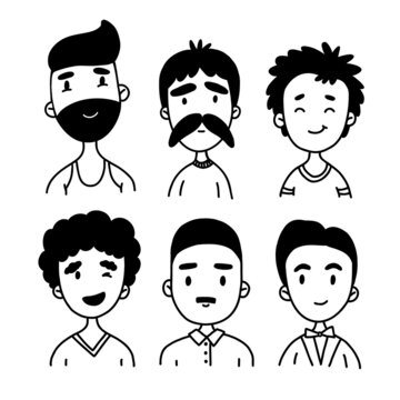 A set of male faces drawn with a black line in doodle style. Portraits of boys and men with different hairstyles drawn with a black line.