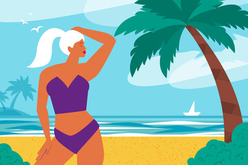 Hello summer. Happy young woman with sunburnt skin on a tropical beach wearing bright purple swimwear. Summertime. Sea, sky, palms and beautiful beach.