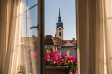 Capela St Jovana in Sombor, Serbia. View from the window. Travel to Balkans