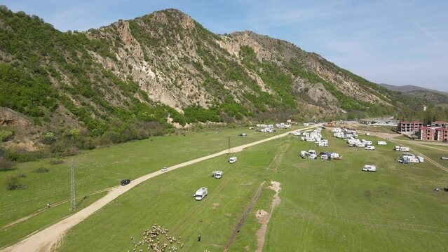Aerial Spring view of Kozhuh Mountain and Petrich valley, Bulgaria