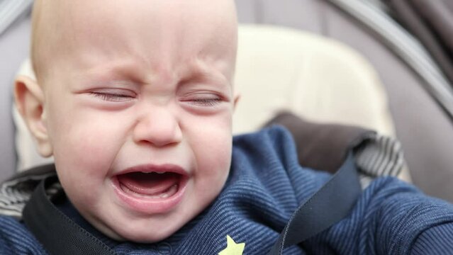 Crying Baby Infant Portrait, Opened Mouth First With New Teeth, Child Sitting Outdoors In Carriage. Close-up Face Of Fussy Caucasian Kid Toddler In Blue Clothes, Fastened Carseat Belts.