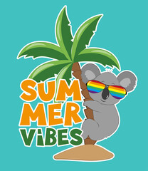 Summer vibes - cool koala on the palm tree. Good for T shirt print, poster, card, label, travel set.