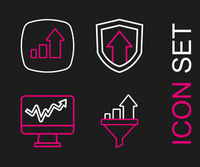 Set line Sales funnel with chart, Monitor graph, Financial growth and icon. Vector