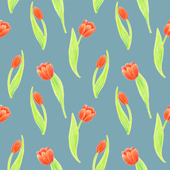 Seamless pattern of tulip flowers drawn with wax crayons on a tourmaline background. For fabric, sketchbook, wallpaper, wrapping paper.