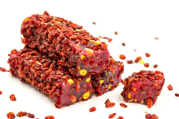 Turkish delight. Roving Turkish Delight with Pomegranate Pistachio Covered with Zereşk Grapes. Traditional Turkish cuisine delicacies. close up