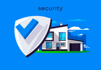 Vector illustration of the protection of a modern suburban two-storey house on the background of the silhouette of a large metropolis, city, life in a private house, outside the city, a shield with th