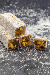 Turkish Delight with Pistachio. Traditional Turkish cuisine delicacies. close up