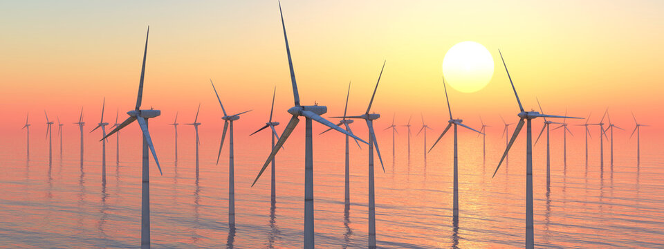 Offshore Windkraftanlagen bei Sonnenuntergang