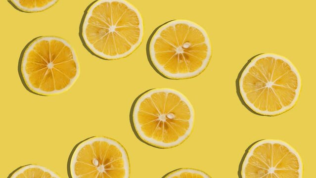 Background of lemon slices falling. Fresh fruit. Loop. 4K.