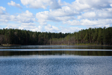 beautiful nature park with a lake and a cloudy cloudy day in the spring