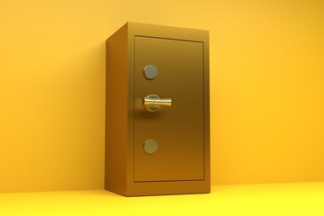 Golden steel safe for money on a yellow background. Safety of money, valuables concept. 3D render