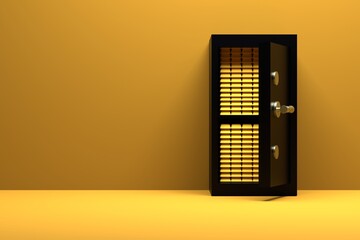 Steel safe open with gold bars inside on a yellow background. Place for text. Safety of money, valuables concept. 3D render