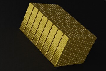 Lots of stacked gold bars on a black background. 3D render