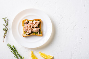 Toast with chimichurri sauce and tuna on a white plate. White background. Minimalistic design. Useful snack. Place for text.