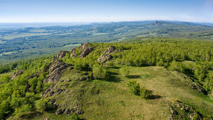The Southern Urals in spring, the border of Europe and Asia - Irendyk ridge, Mountain of volcanic origin Yanguziai.