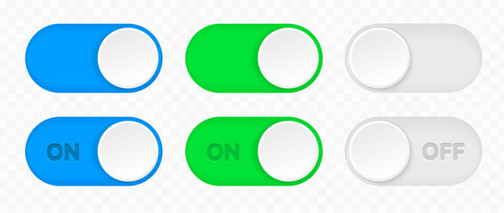 On and Off toggle switch icons. Switch toggle buttons ON OFF. Material design switch buttons set. Open and close ui icons. Active and Inactive icon. Stock Vector.