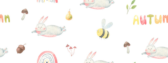 seamless pattern with autumn, hare, mushrooms, children's illustration in watercolor on a white background, design and print