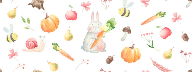 Wallpaper, seamless pattern with autumn, hare, mushrooms,  illustration in watercolor on a white background, design and print